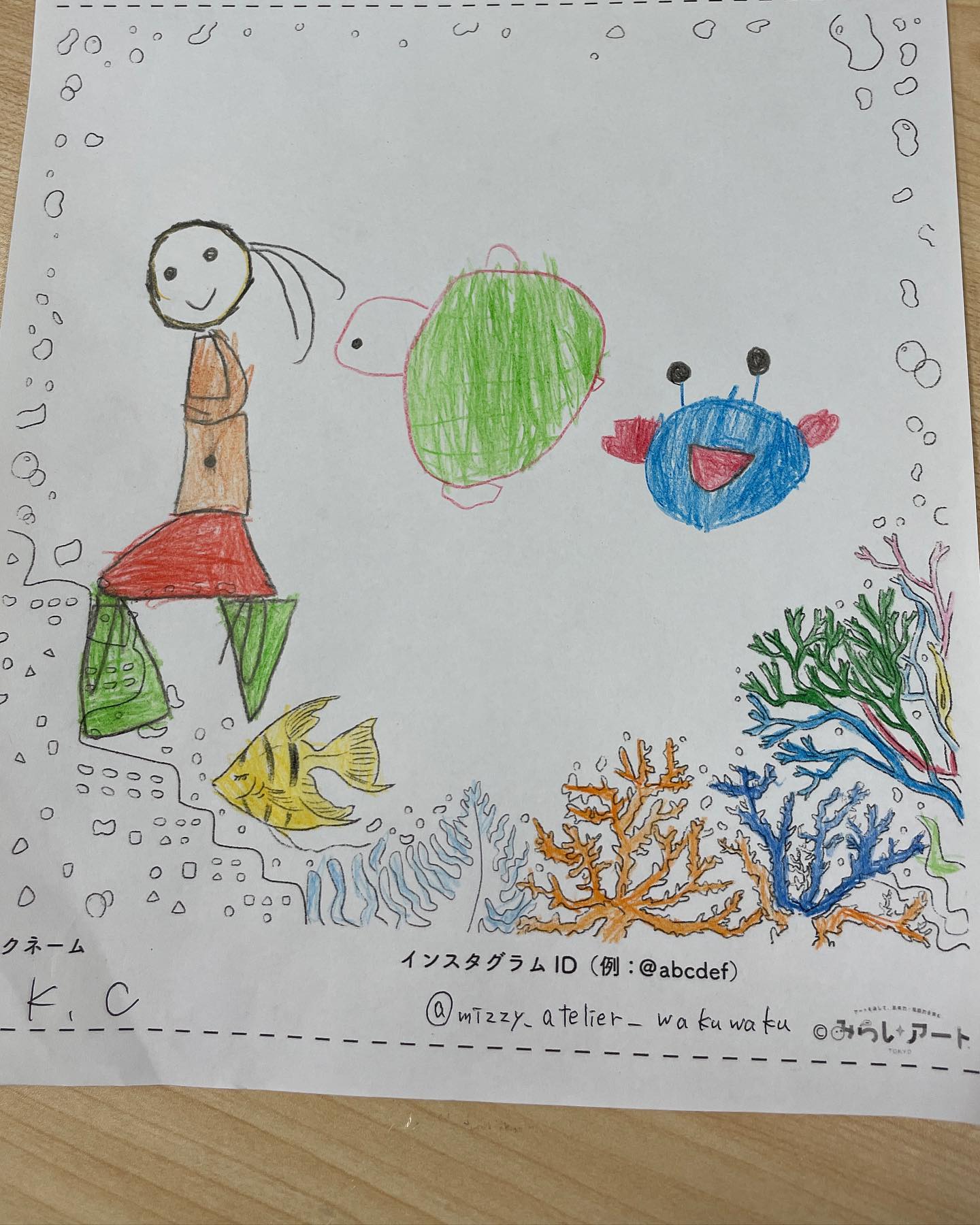 人魚、カメ、カニを描いたよ！